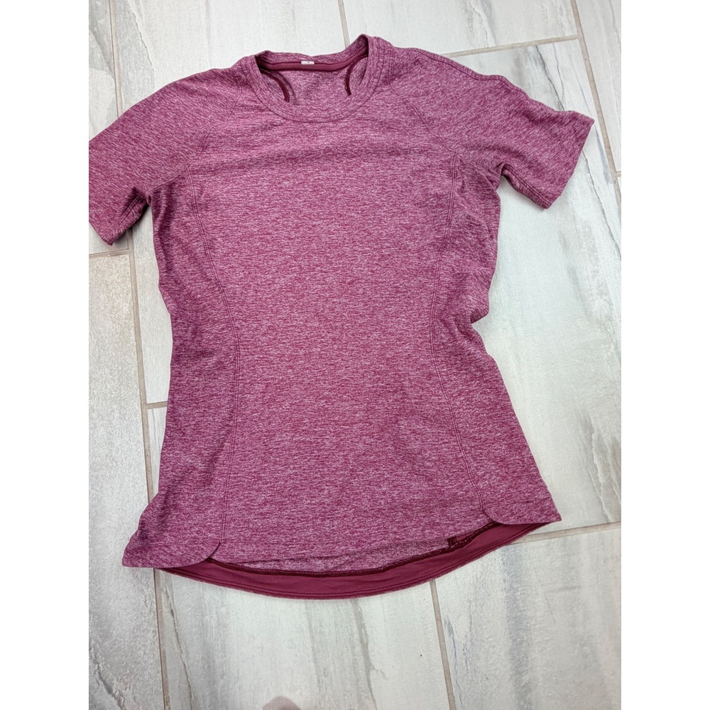 Lululemon Berry Heather Short Sleeve Running Top Zip Pocket Size 8